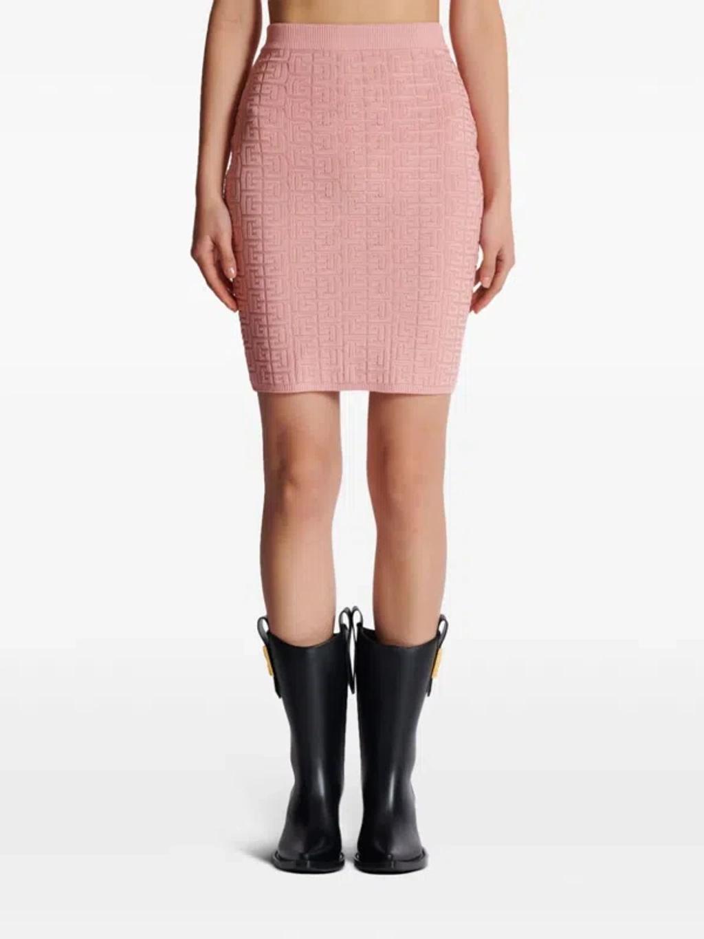 BALMAIN Monogram Glitter Midi Skirt In Pink Product Image