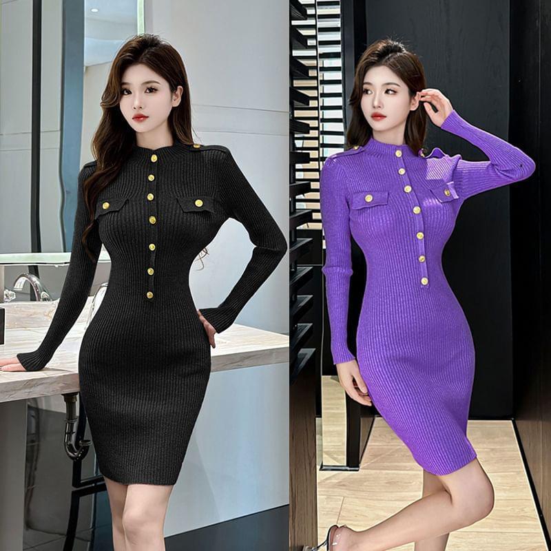 Long Sleeve Mock Neck Plain Button Ribbed Knit Mini Sheath Dress Product Image