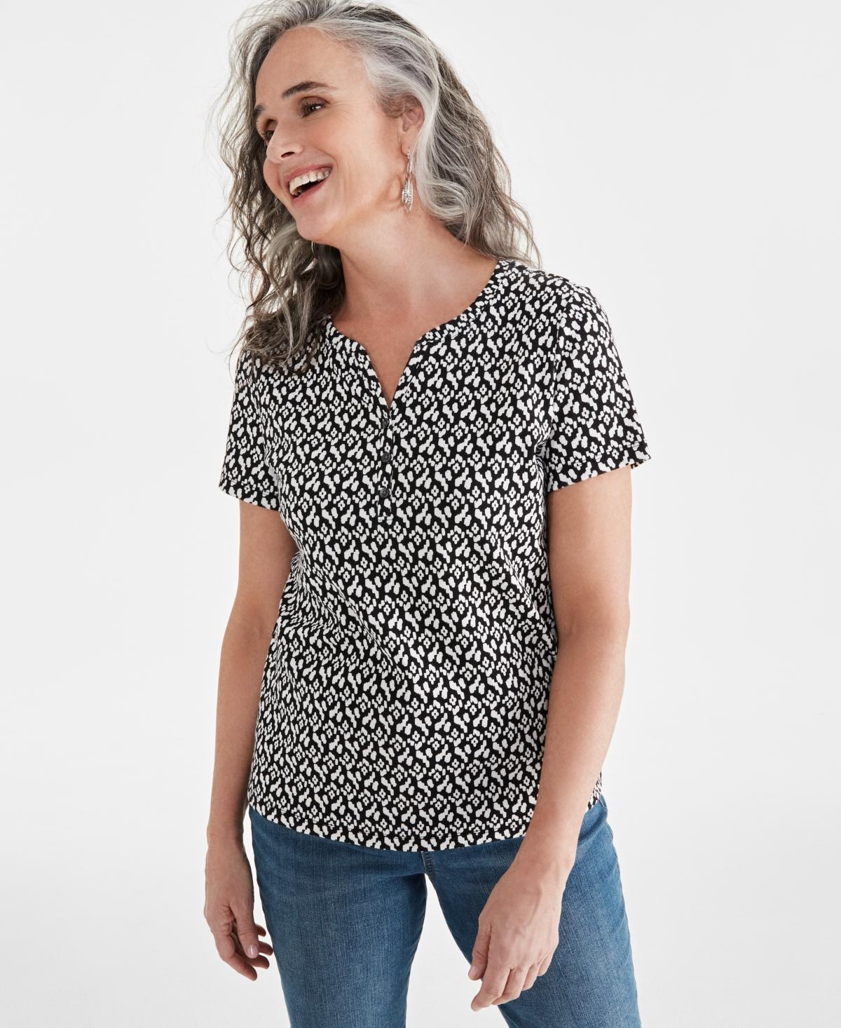 Style & Co Womens Printed Short-Sleeve Henley Top, Created for Macys Product Image