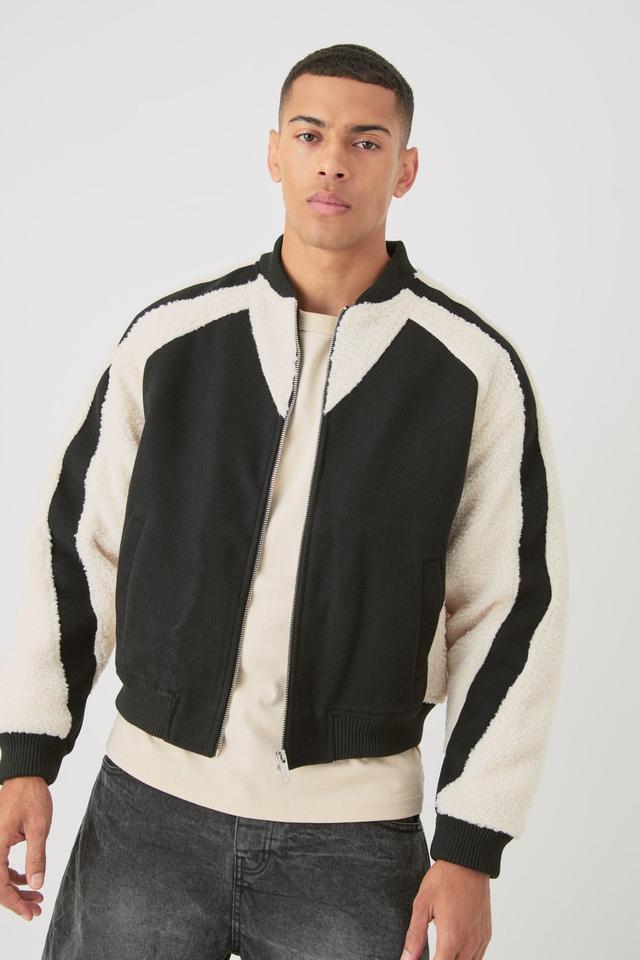 Mens Limited Applique Borg And Melton Bomber Jacket In Black, Black Product Image