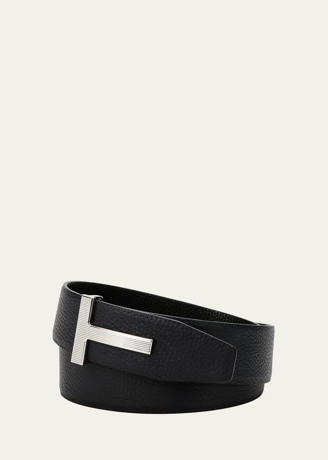 Mens Ridged T-Buckle Reversible Leather Belt Product Image