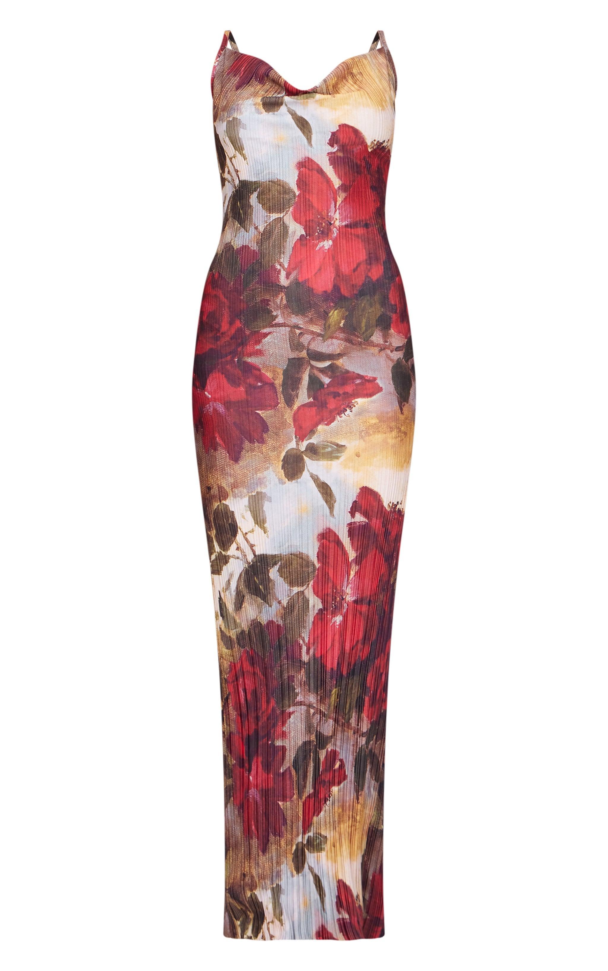 Red Floral Printed Plisse Strappy Maxi Dress Product Image