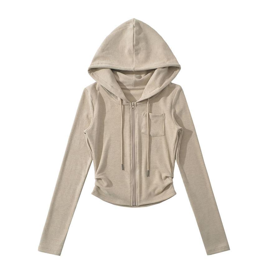 Plain Ruched Zip-Up Crop Hoodie Product Image