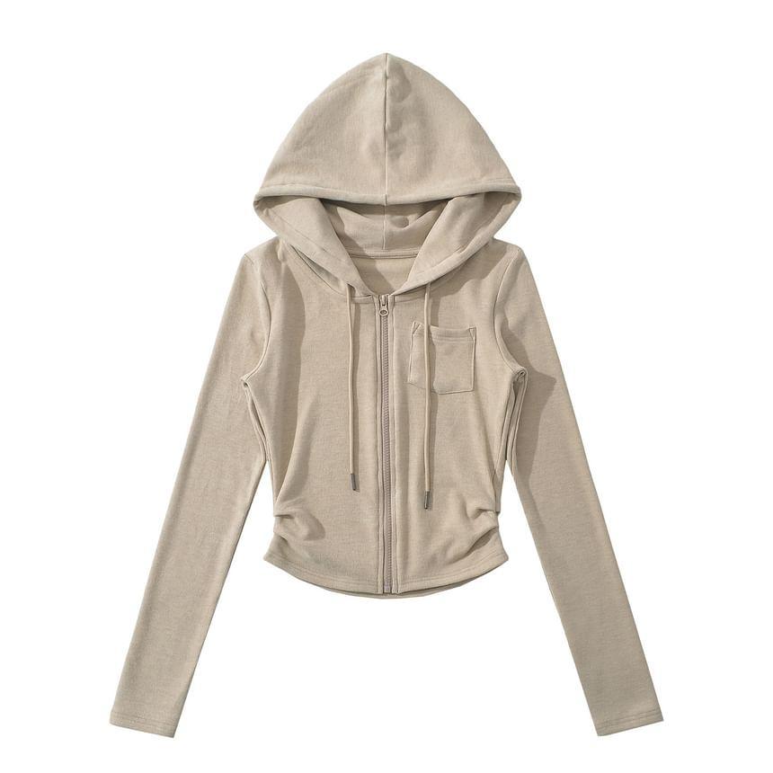 Long Sleeve Plain Slim-Fit Zip-Up Hooded Jacket Product Image