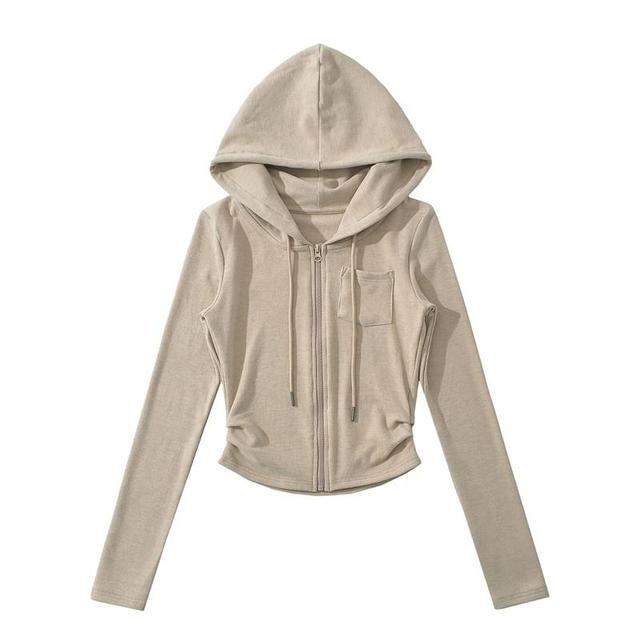 Plain Ruched Pocket Detail Zip Hoodie Product Image