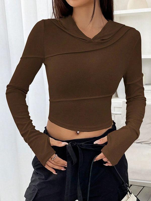 Hooded Long Sleeves Hollow Solid Color Split-Joint V-Neck T-Shirts Tops Product Image