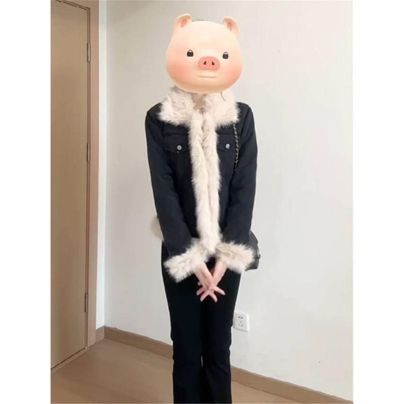 Collared Faux Fur Trim Washed Denim Button Jacket Product Image