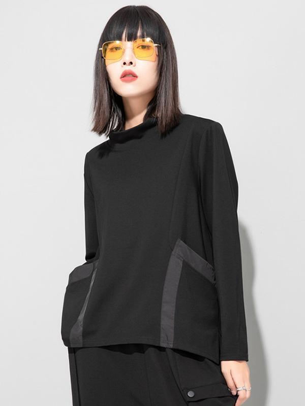 Casual Loose Long Sleeves Split-Joint Solid Color Stand Collar T-Shirts Tops Product Image