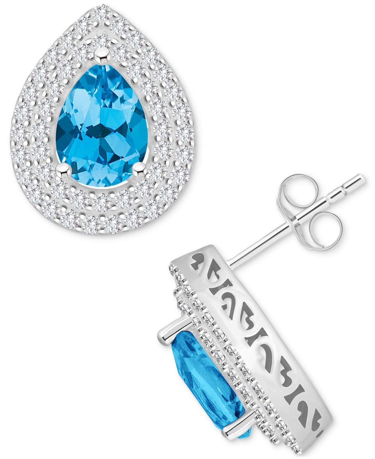 Celebration Gems Sterling Silver Teardrop Swiss Blue Topaz & White Topaz Double Halo Stud Earrings, Womens Product Image