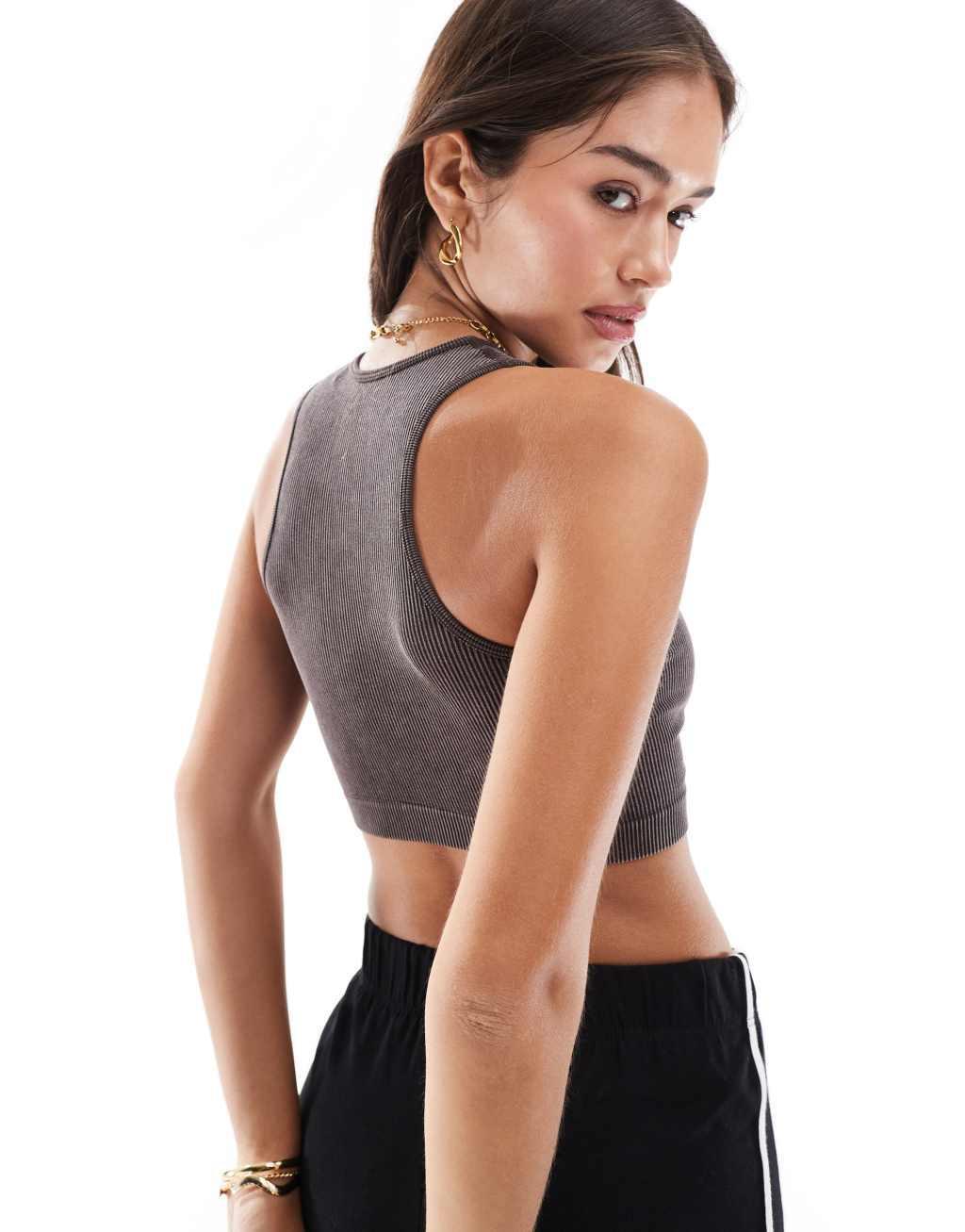 ONLY seamless ribbed crop top in washed black Product Image