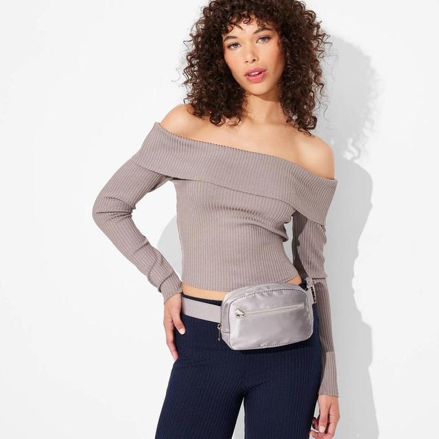 Womens Long Sleeve Ribbed Off the Shoulder Shirt - Wild Fable M Product Image