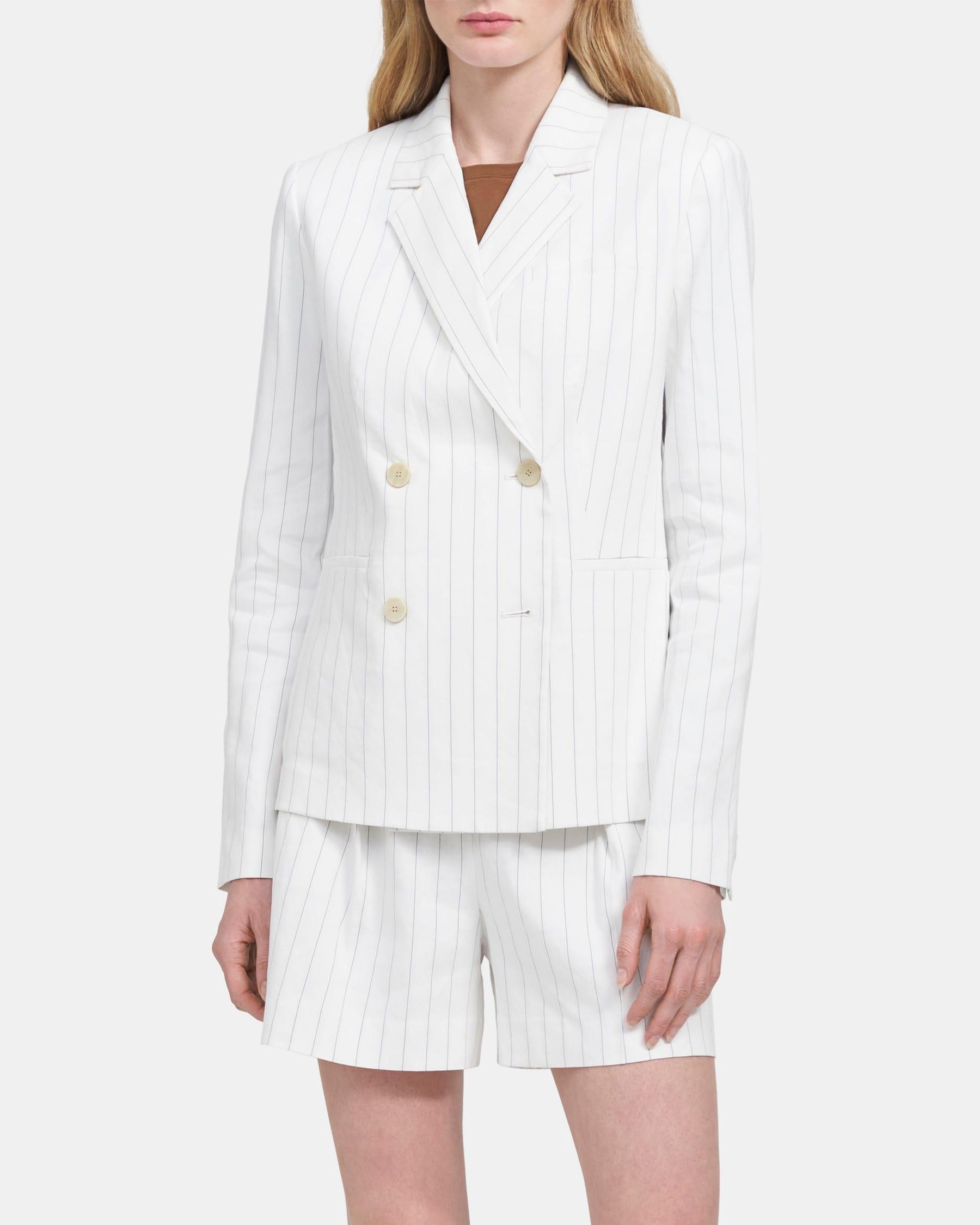 Double-Breasted Blazer in Striped Linen Product Image