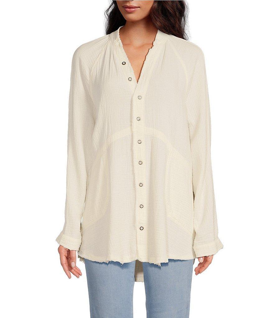 Free People Summer Daydream Long Sleeve Button Front V-Neck Raw High-Low Hem Oversized Top Product Image