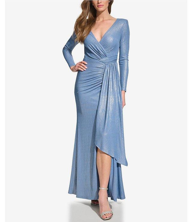 Vince Camuto Metallic Knit V-Neck Long Sleeve Side Slit Hem Ruched Sheath Dress Product Image