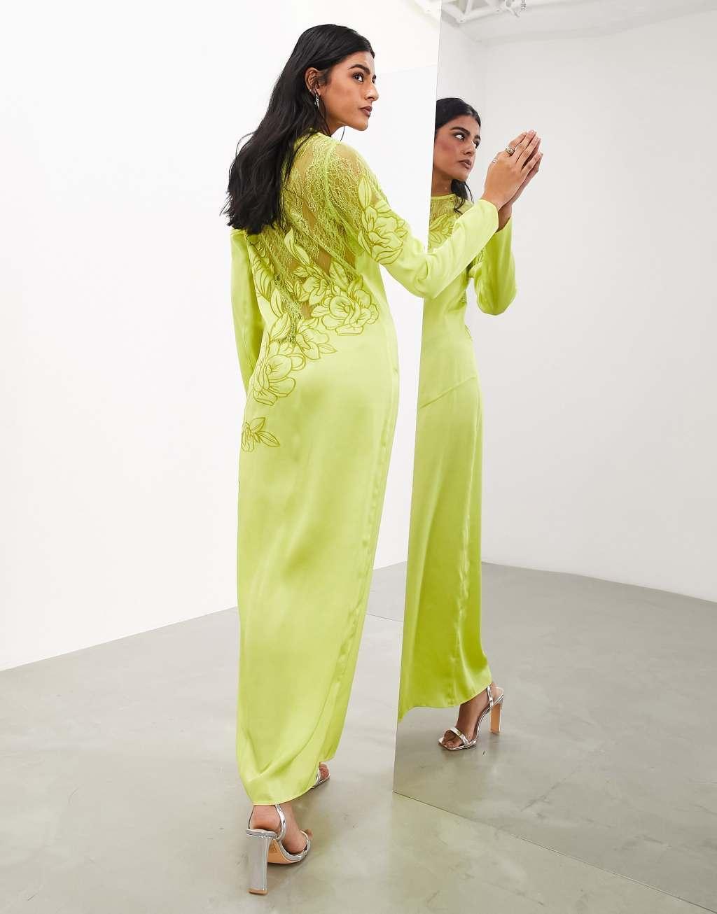 ASOS EDITION embroidered lace paneled long sleeve column maxi dress in lime Product Image