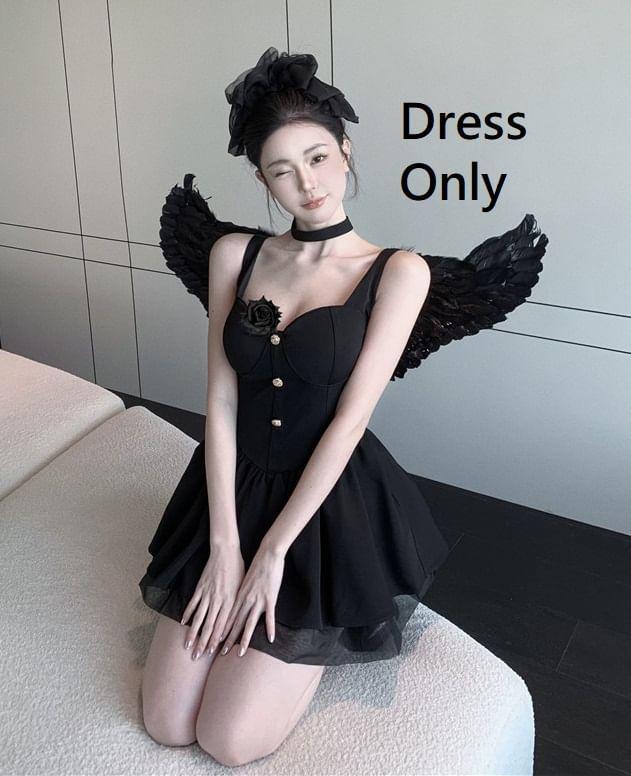 Sleeveless Sweetheart Neckline Plain Button Panel Mesh Mini A-Line Dress Product Image