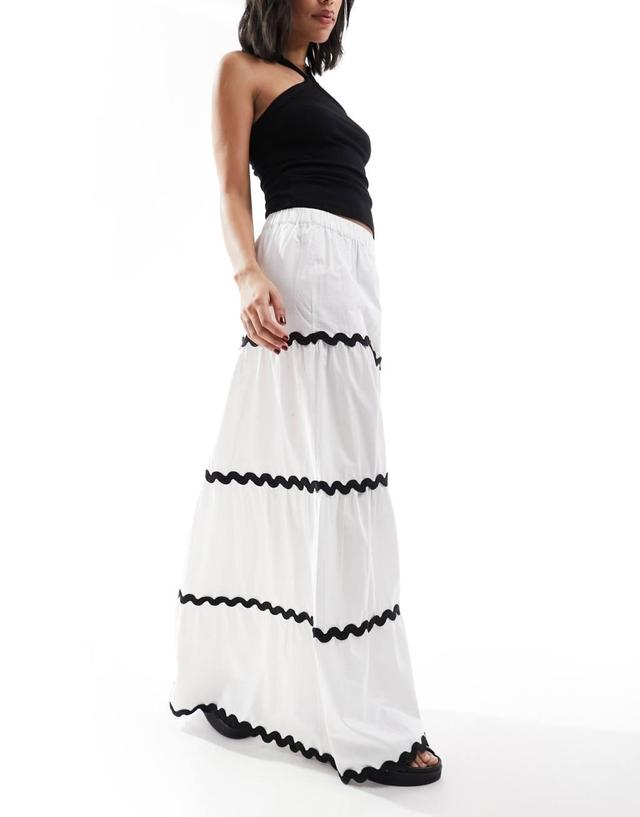 ASOS DESIGN tiered maxi skirt with rick rack detail in white Product Image