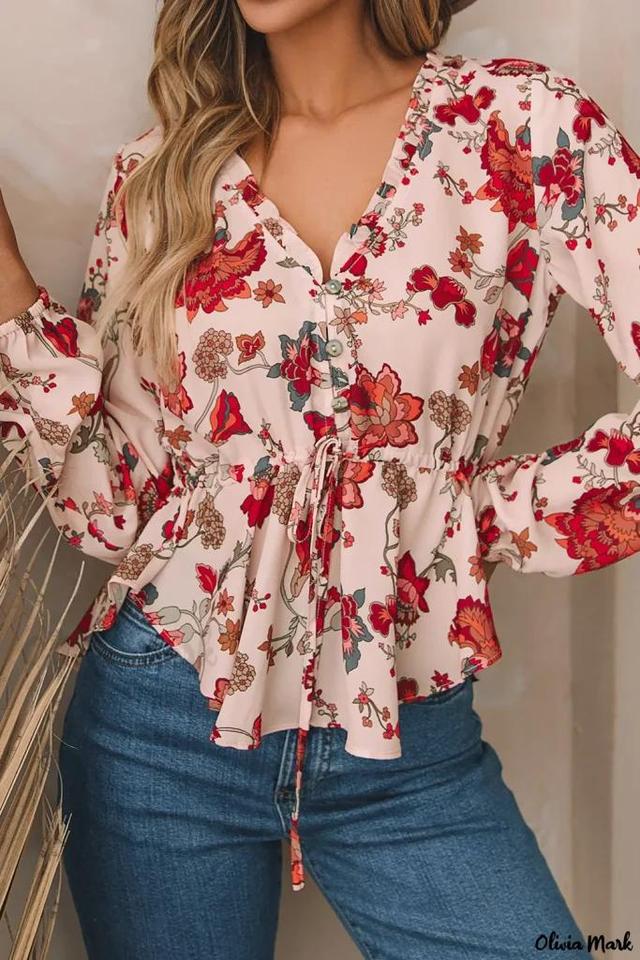 Olivia Mark – Floral Patterned V-Neck Peplum Blouse with Drawstring Accent in Multicolour Product Image