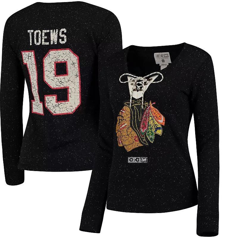 Womens Reebok Jonathan Toews Chicago hawks Henley Lace Up Name & Number Long Sleeve T-Shirt Product Image