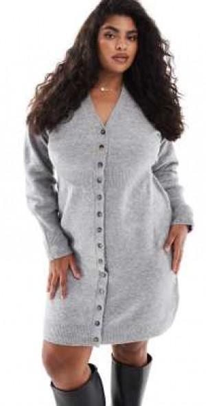 Vero Moda Curve buttondown knitted mini dress in light gray melange Product Image