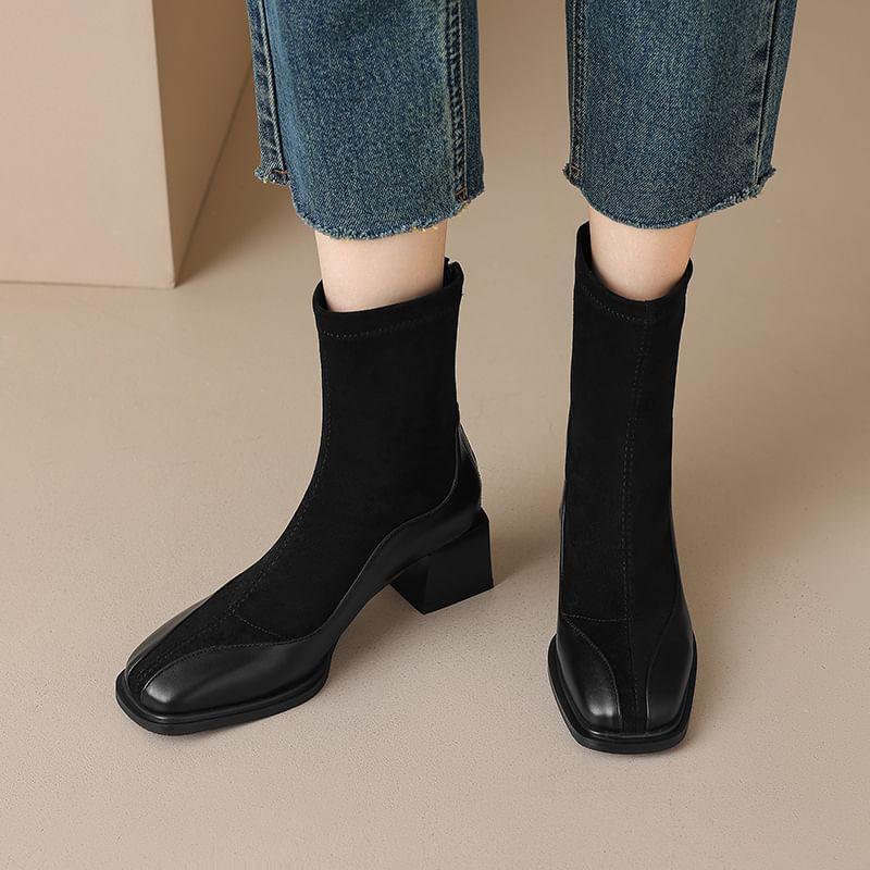 Square Toe Panel Faux Suede Block Heel Short Boots Product Image