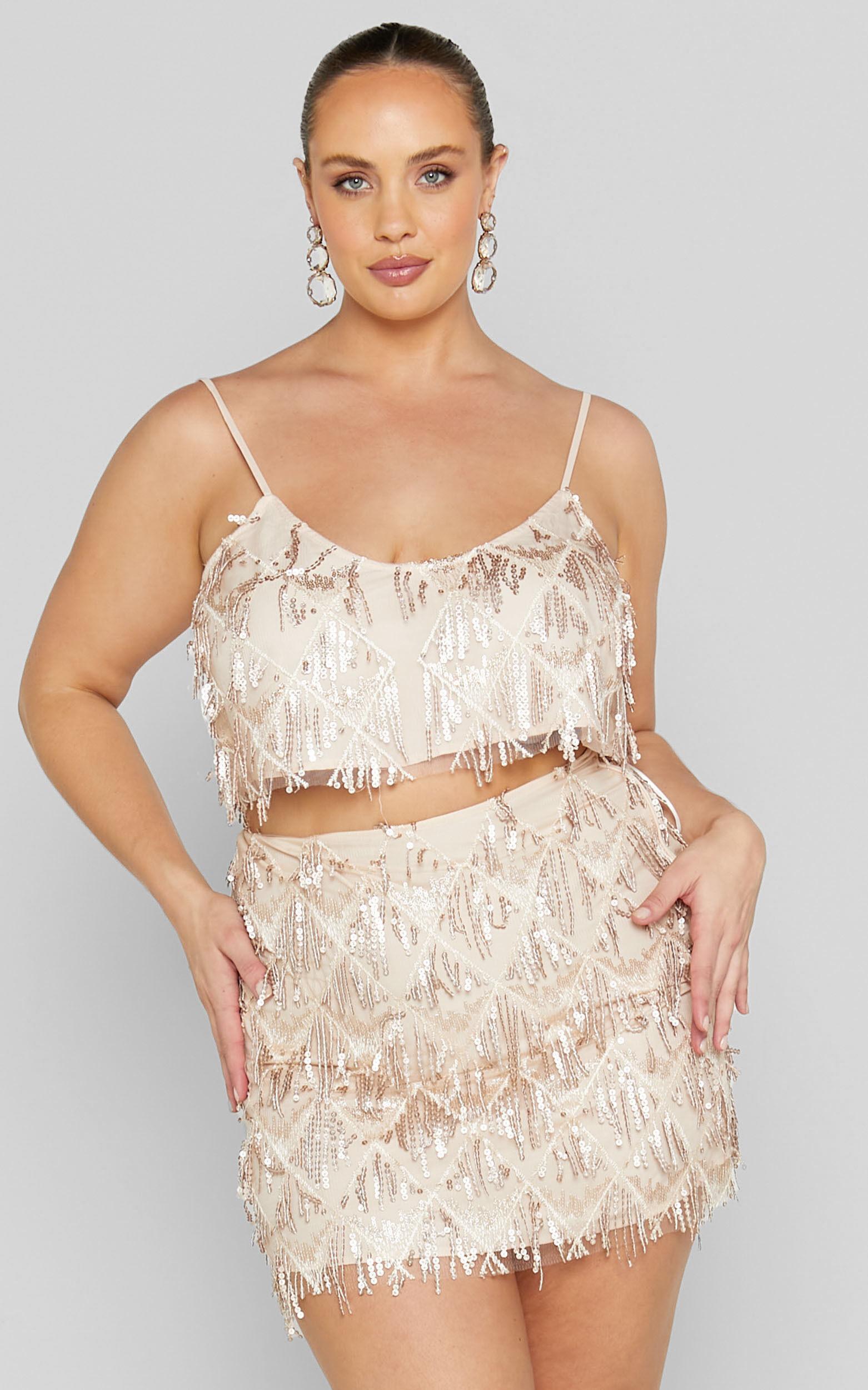 Khrizza Top - Sequin Diamond Mesh Cropped Cami Top in Gold Product Image