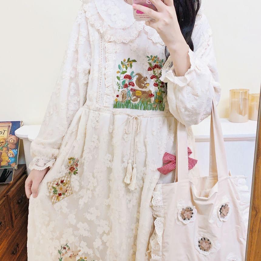 Long-Sleeve Collar Embroidered Lace Midi A-Line Dress Product Image