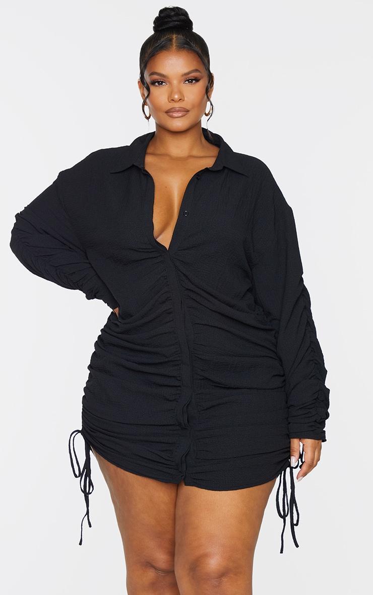 Plus Black Textured Ruched Side Shirt Dress Product Image