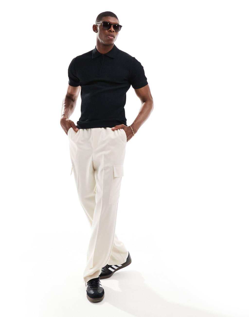 River Island muscle fit half zip polo in black Product Image