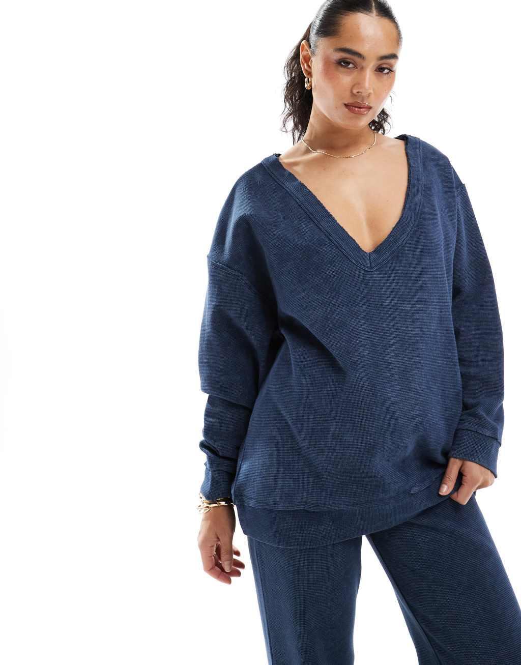 ASOS DESIGN waffle knit oversized off the shoulder v neck sweatshirt in washed navy - part of a set Product Image