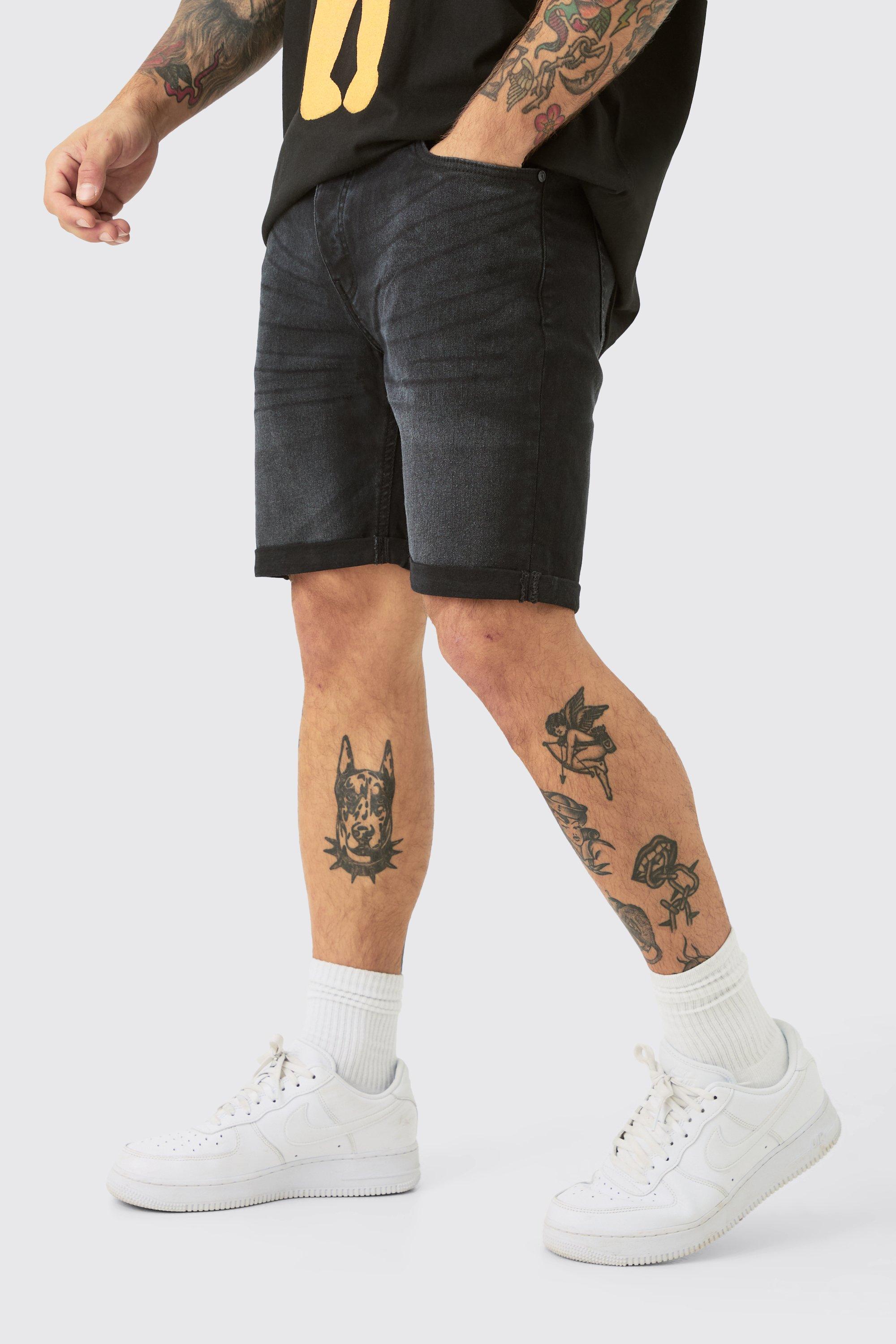 Mens Skinny Stretch Denim Shorts In Black, Black Product Image