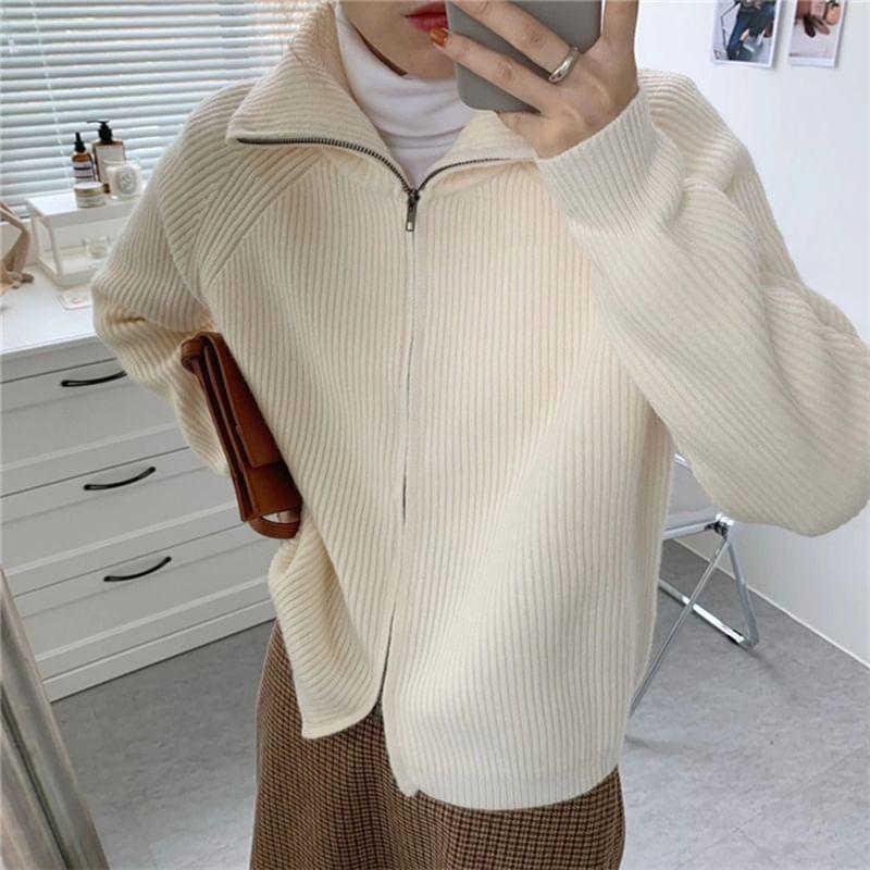 Plain Ribbed Zip Cardigan Product Image