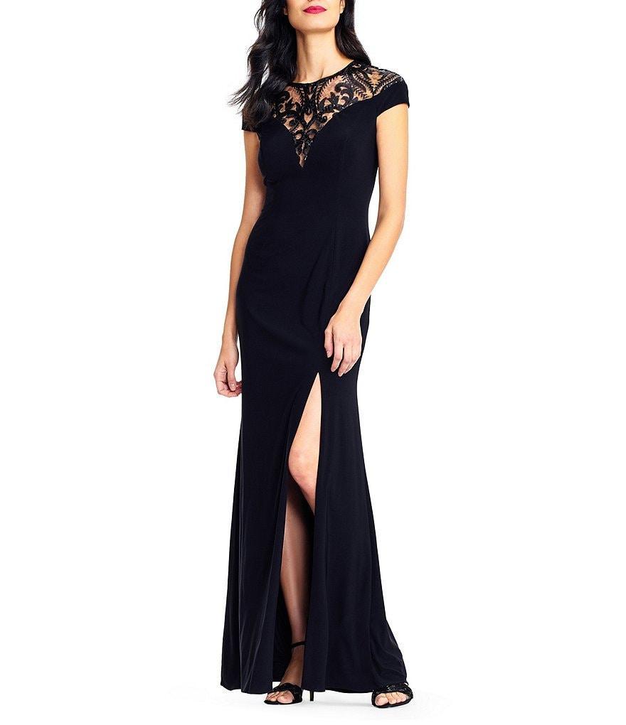 Adrianna Papell Stretch Jersey Sequin Illusion Round Neckline Cap Sleeve Mermaid Gown product image