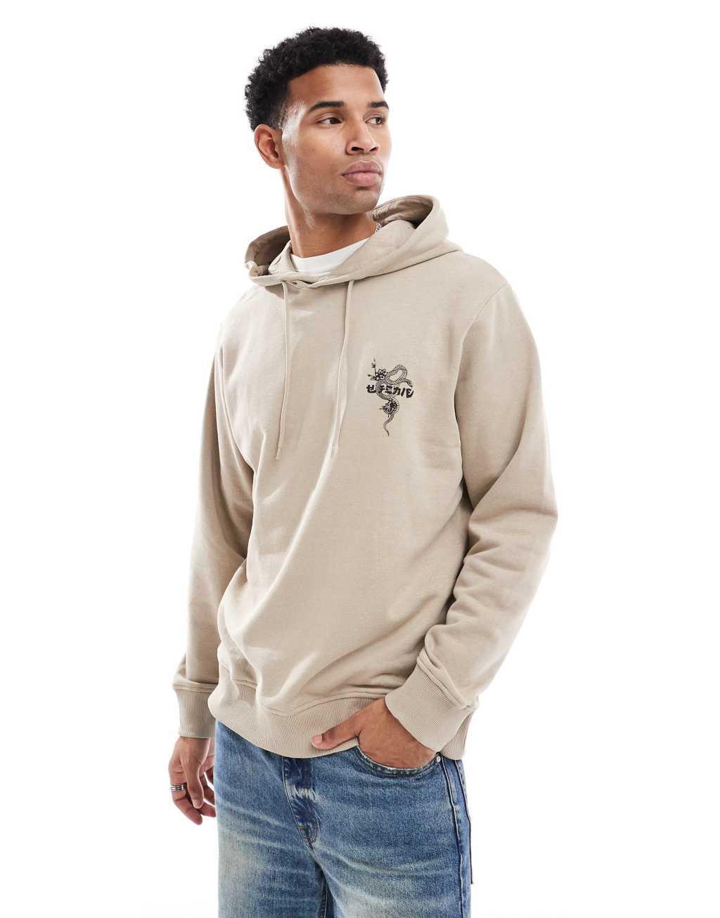 Jack & Jones oversized snake back print hoodie in beige  Product Image