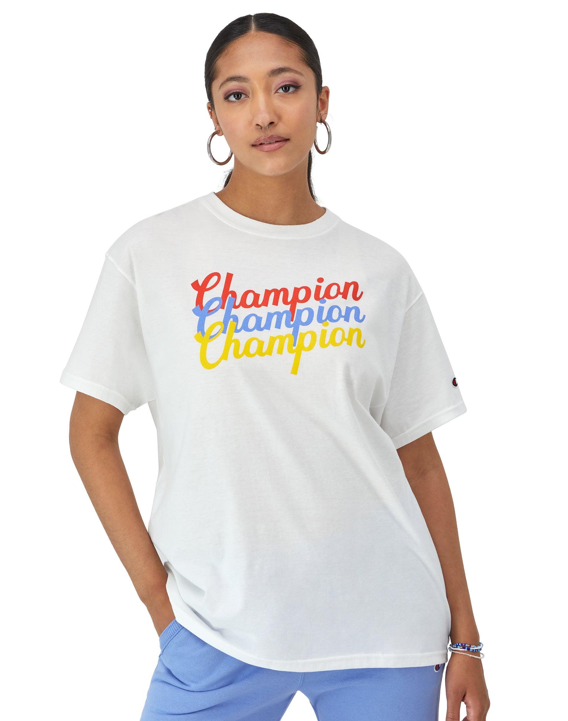 Womens Champion Graphic T-Shirt, Oversized, Triple Script Logo White S Product Image