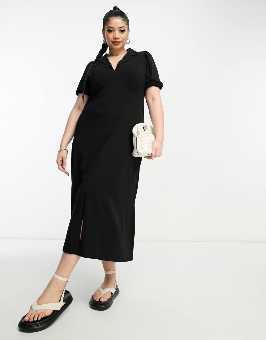 ASOS DESIGN Curve ultimate midi tea dress with collar in black Product Image