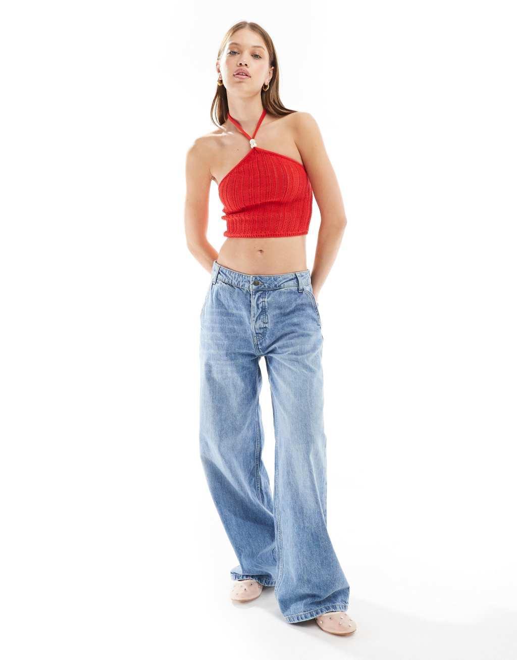 Cotton On halter neck crop top in red pointelle  Product Image