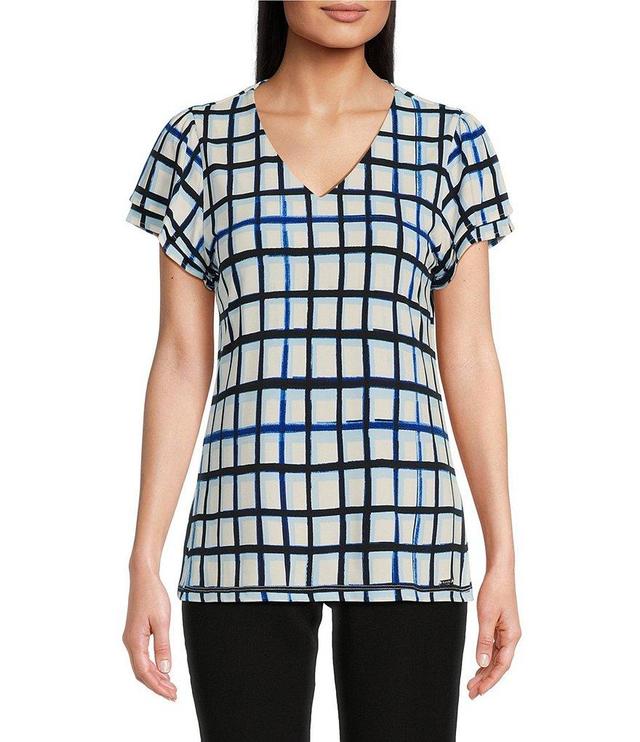 Calvin Klein Petite Size Printed Flutter Sleeve V-Neck Blouse Product Image