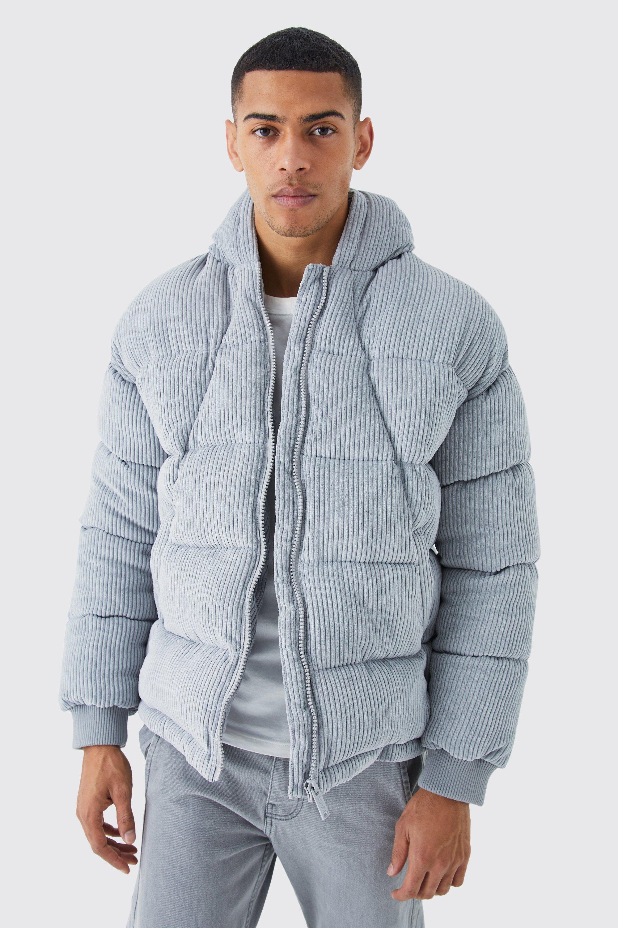 Mens Grey Cord Panelled Hooded Puffer, Grey Product Image