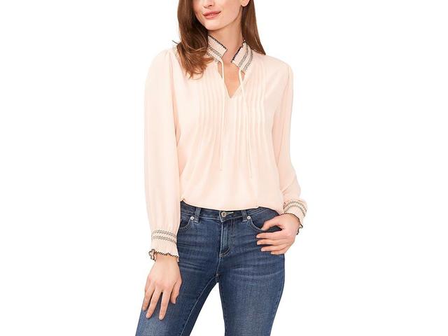 CeCe Contrast Stitch Long Sleeve Pleated Blouse (Peach Dust) Women's Clothing Product Image