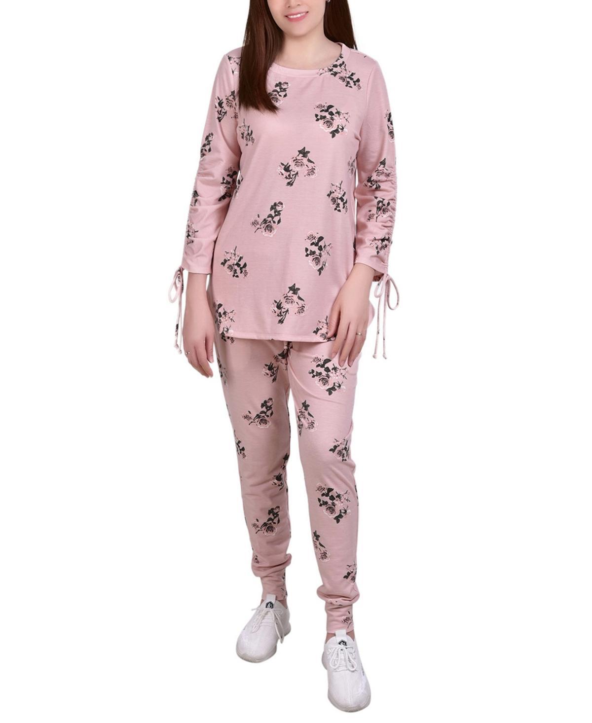 NY Collection Petite Floral Ruched Pullover & Jogger Set -GREY Product Image