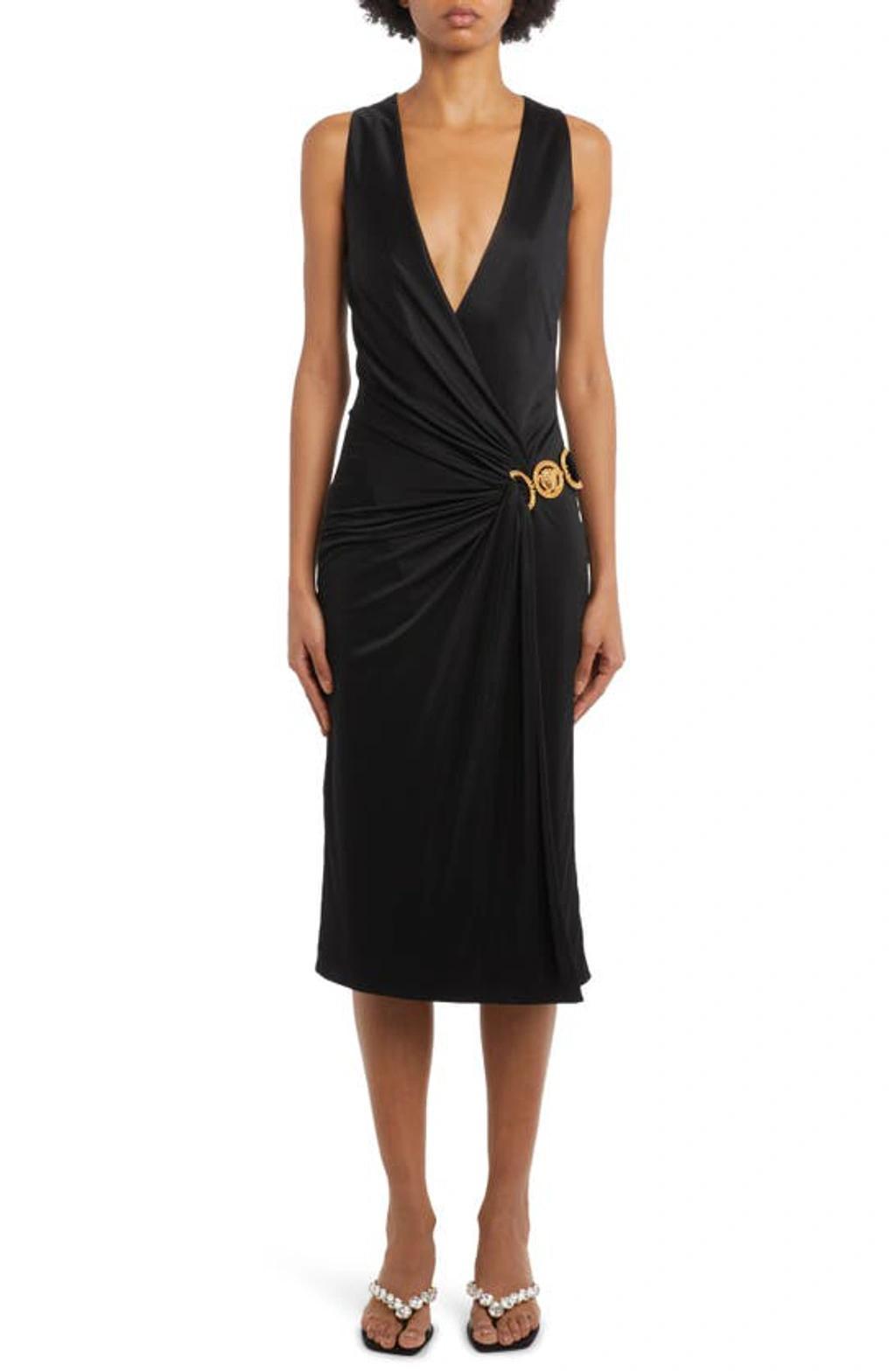 VERSACE Wrap-front Jersey Midi Dress With Medusa Detail In Black Product Image