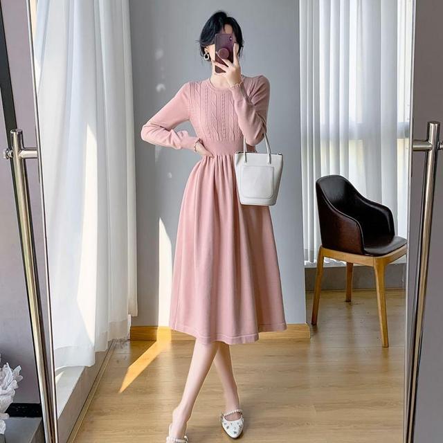 Long-Sleeve Crew Neck Plain Cable-Knit Midi A-Line Dress Product Image