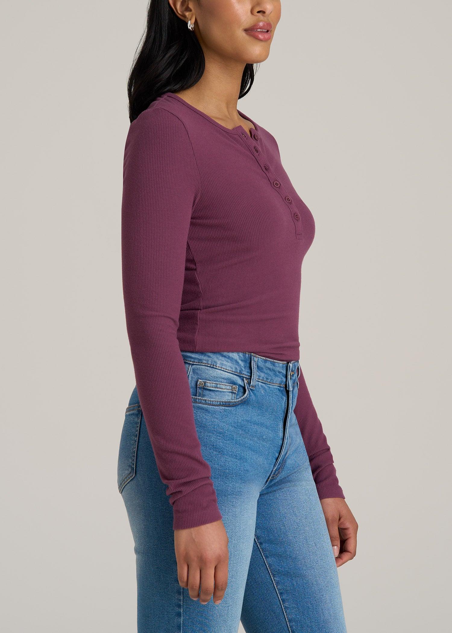 Long Sleeve Ribbed Crewneck Women's Tall Henley Shirt in Purple Gumdrop Female Product Image