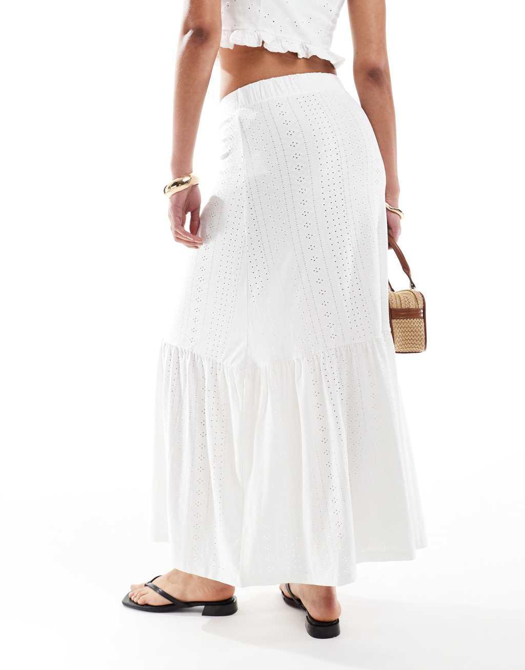 JDY Tall tiered pointelle maxi skirt in off white Product Image