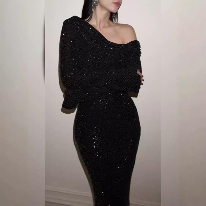 Long-Sleeve Off Shoulder Glitter Maxi Mermaid Dress Product Image