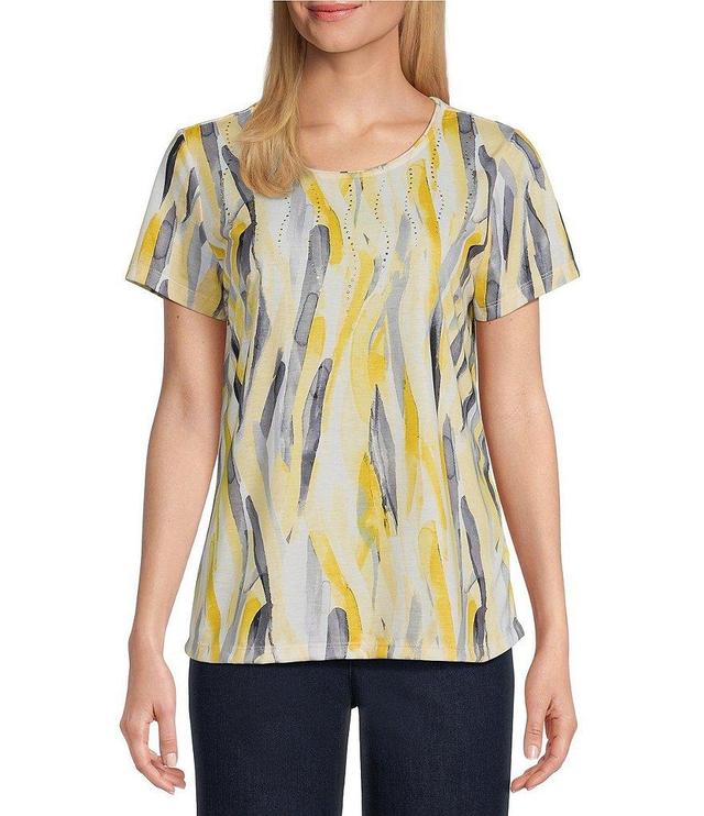 Allison Daley Petite Size Brush Fun Stripe Print Embellished Short Sleeve Crew Neck Art Tee Shirt Product Image