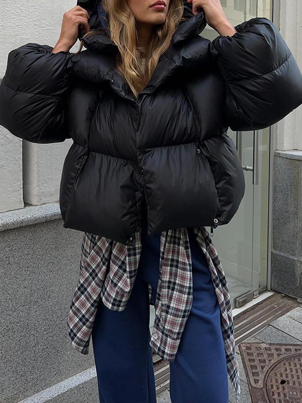 Long Sleeves Loose Solid Color Split-Joint Hooded Padded Coat Product Image