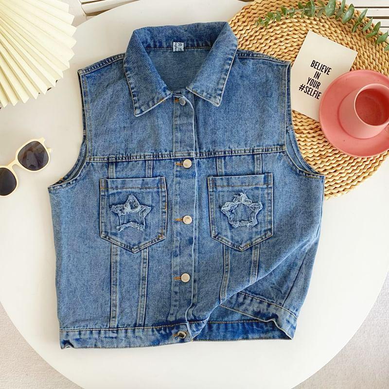 Star Embroidered Washed Denim Single-Breasted Vest Product Image