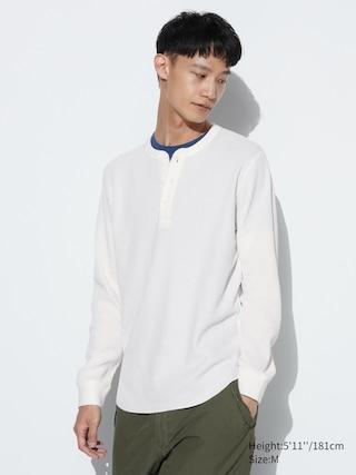 Mens Waffle Henley Neck T-Shirt Long-Sleeve Off White Medium UNIQLO US Product Image